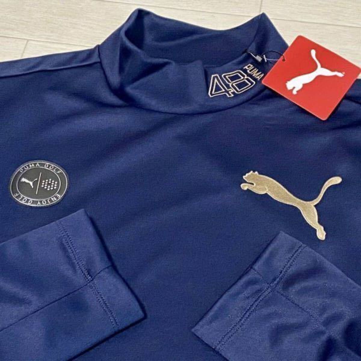 新品★PUMA GOLF プーマ ゴルフ 左胸ビッグロゴ 吸汗速乾 長袖モックネックシャツ/ネイビー/サイズXL/送料185円_1