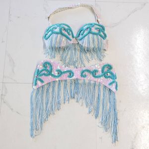 『送料無料』【ベリーダンス用 オリエンタル衣装】ホワイト×水色×薄ピンク スパンコー