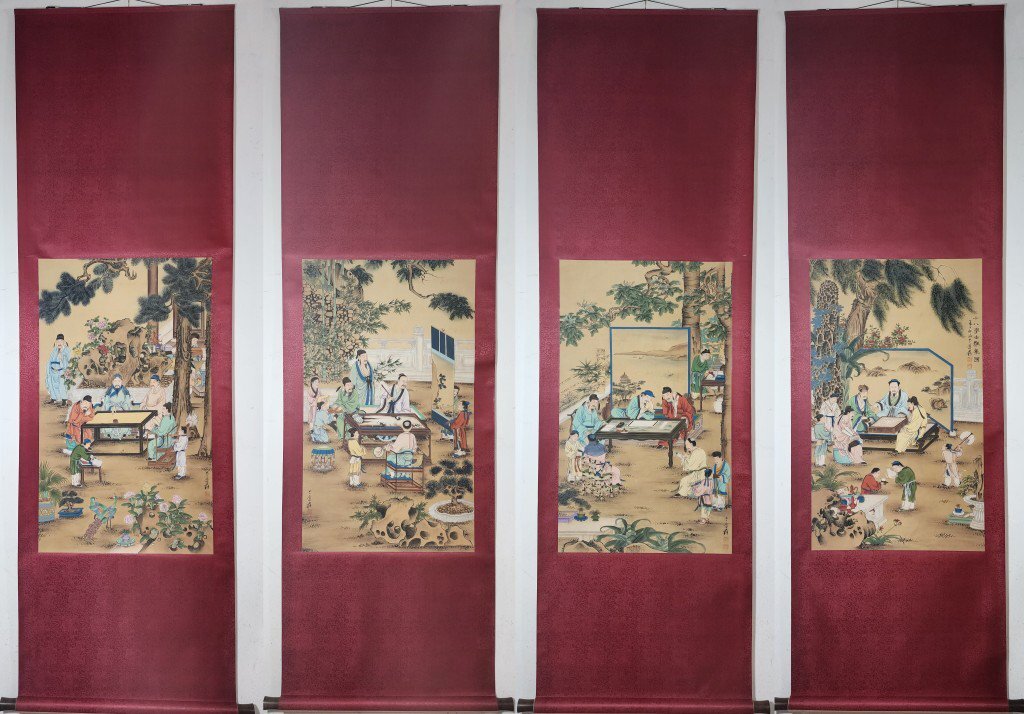 安】中国近代画家「張大千書」絹本「十八学士雅集図四条屏」掛軸