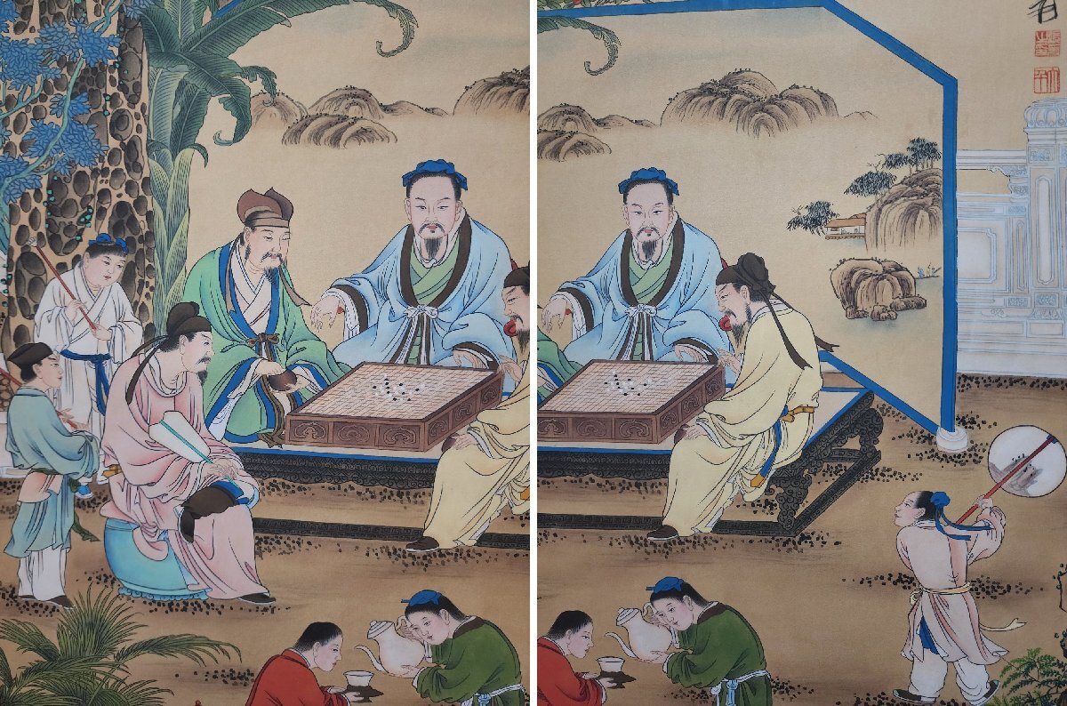 安】中国近代画家「張大千書」絹本「十八学士雅集図四条屏」掛軸