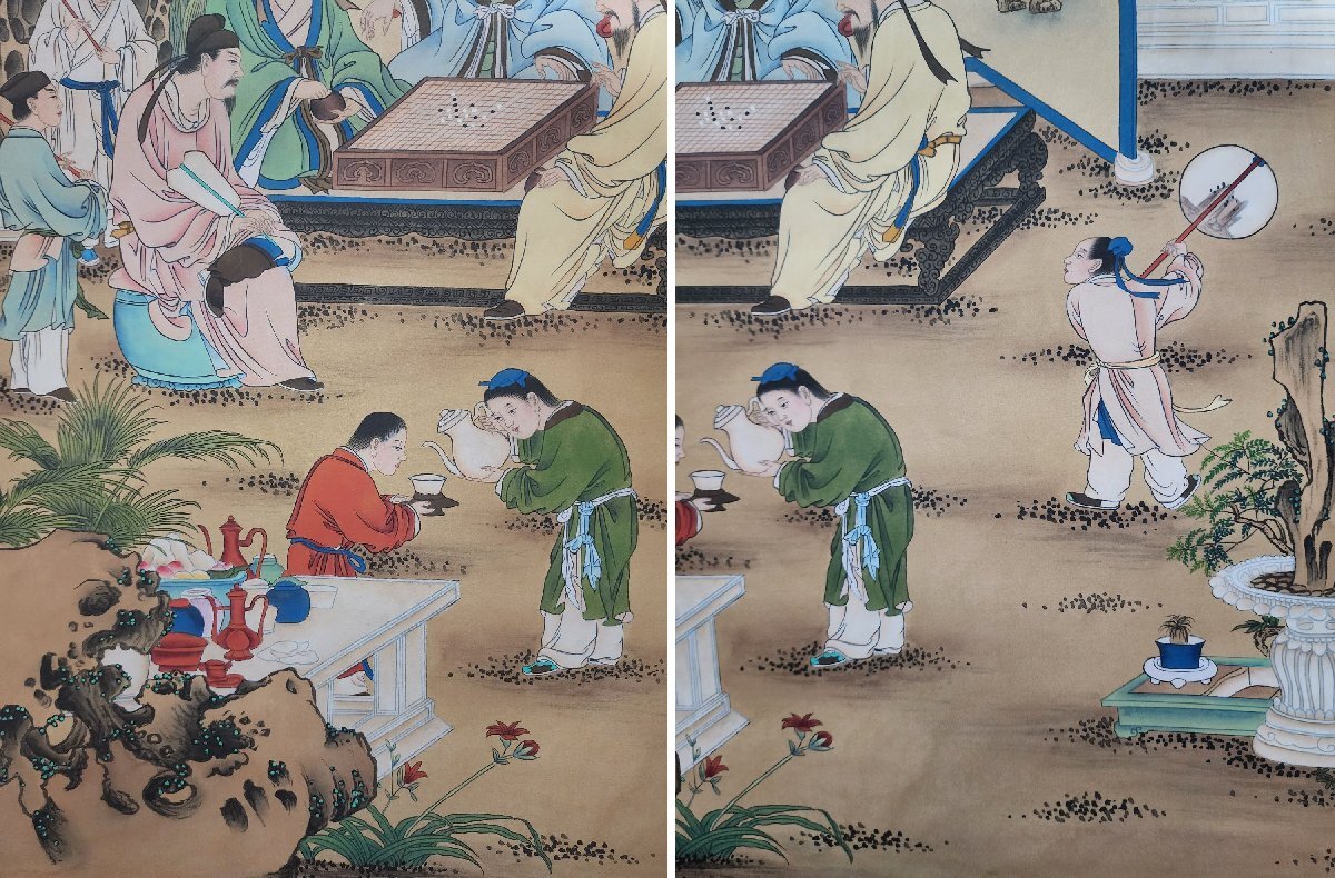 安】中国近代画家「張大千書」絹本「十八学士雅集図四条屏」掛軸