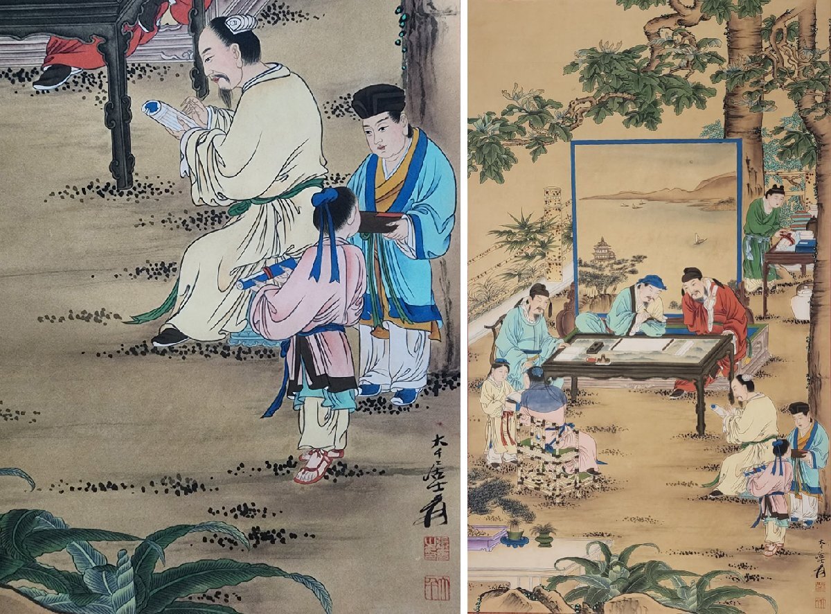 安】中国近代画家「張大千書」絹本「十八学士雅集図四条屏」掛軸