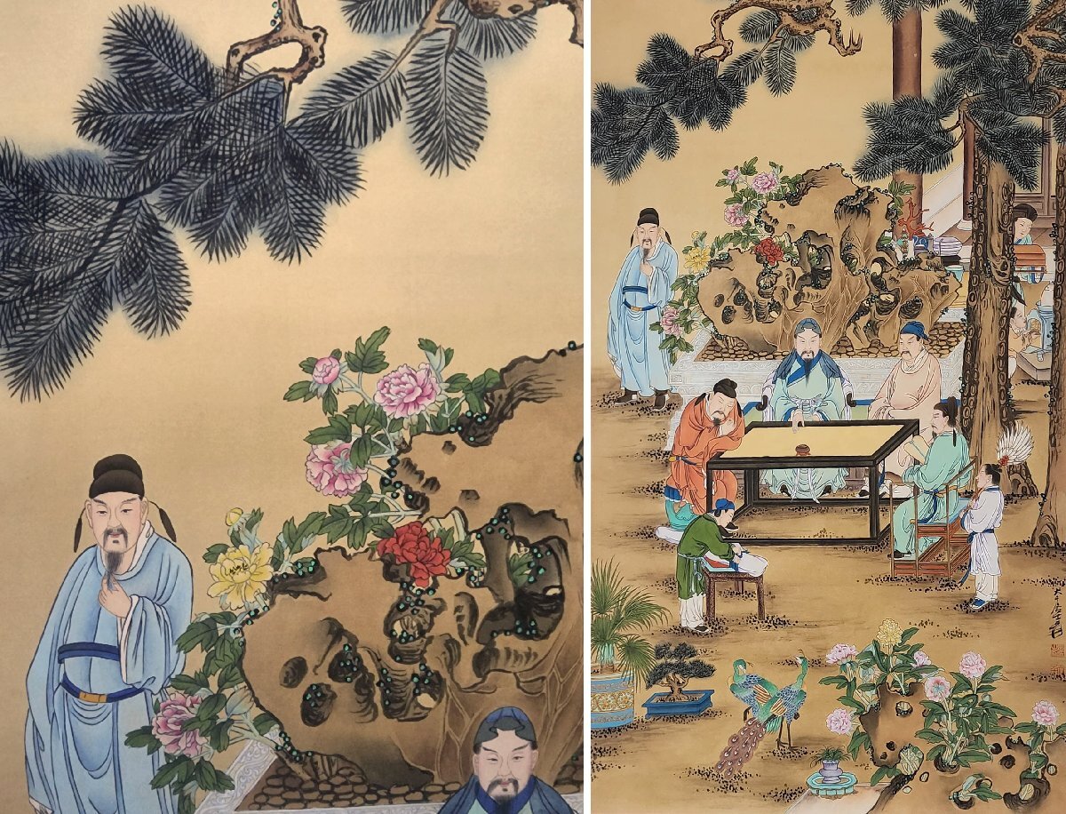 安】中国近代画家「張大千書」絹本「十八学士雅集図四条屏」掛軸