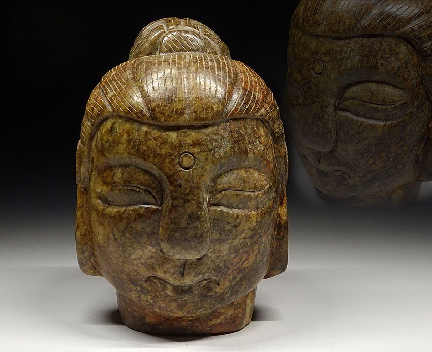緑屋c□ 中国古玩 石仏 仏頭 釈迦如来像 仏像 仏教美術 唐物 時代物 i9