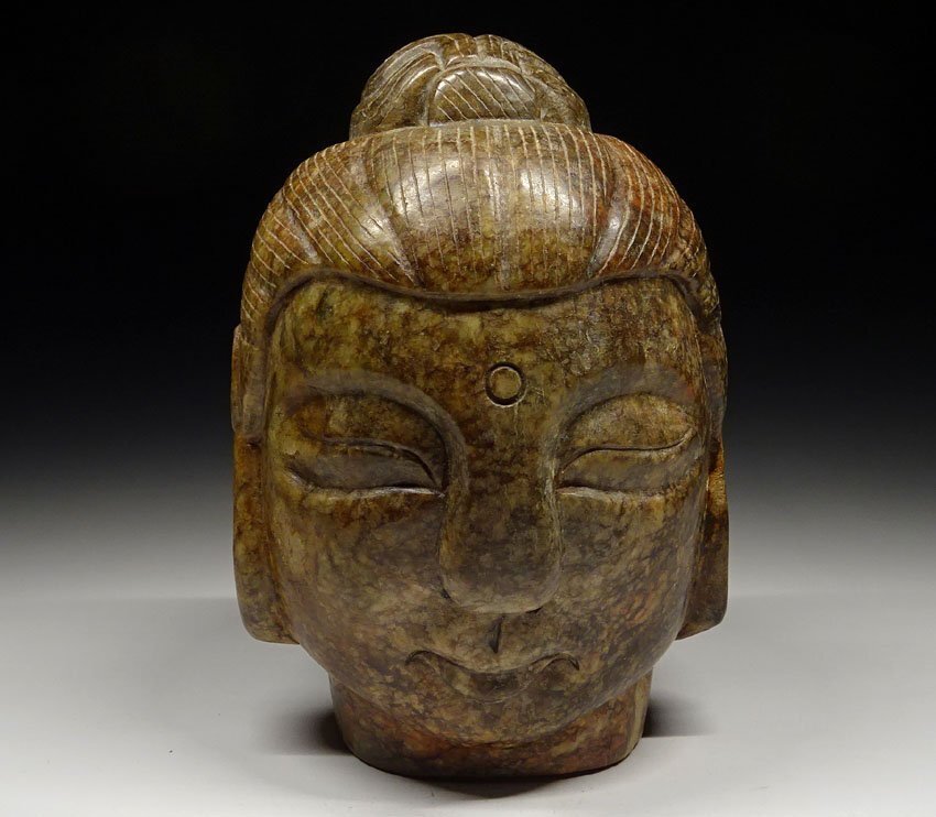 緑屋c□ 中国古玩 石仏 仏頭 釈迦如来像 仏像 仏教美術 唐物 時代物 i9