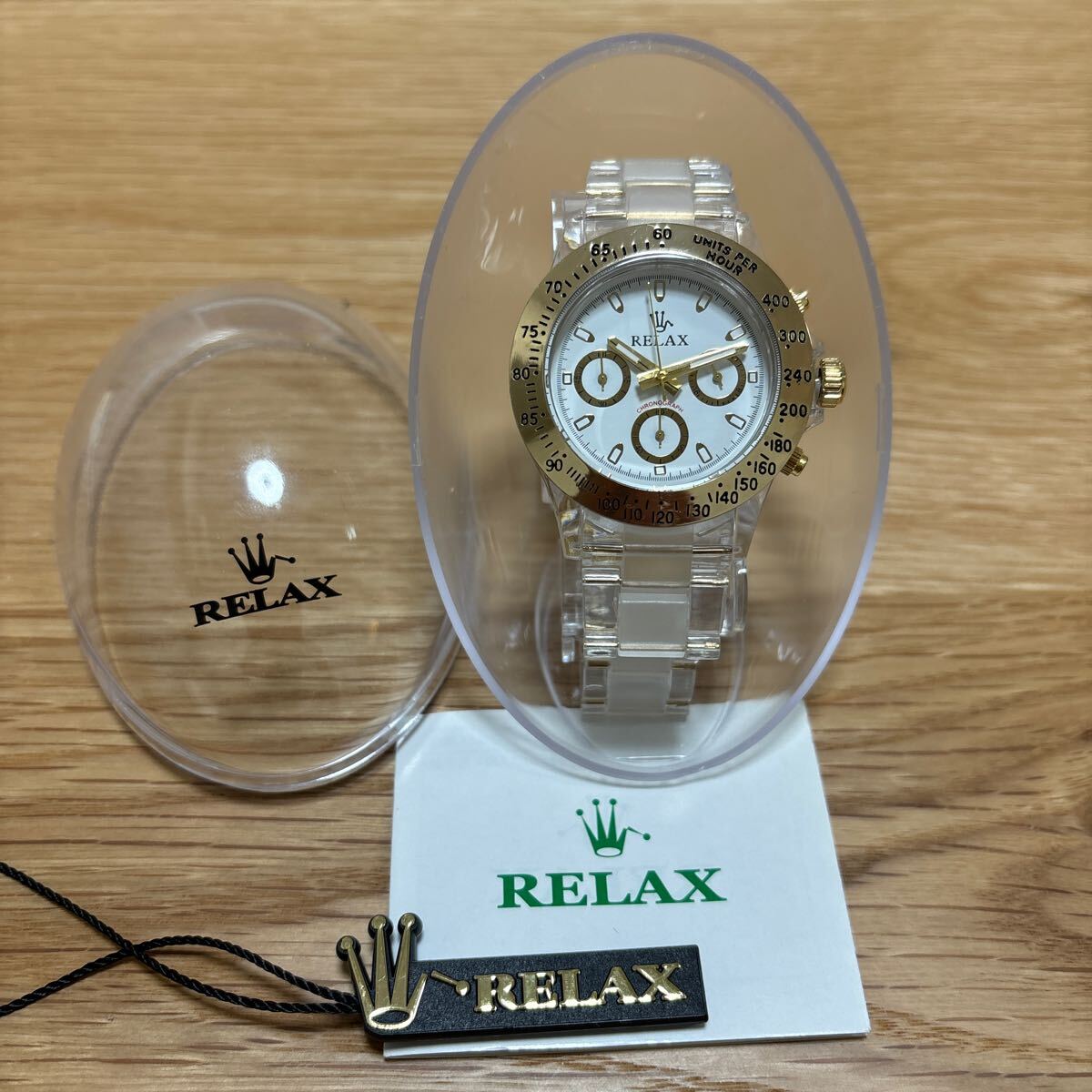 RELAX腕時計 王冠折れロゴ クロノ イエローゴールド スケルトンベルト 
