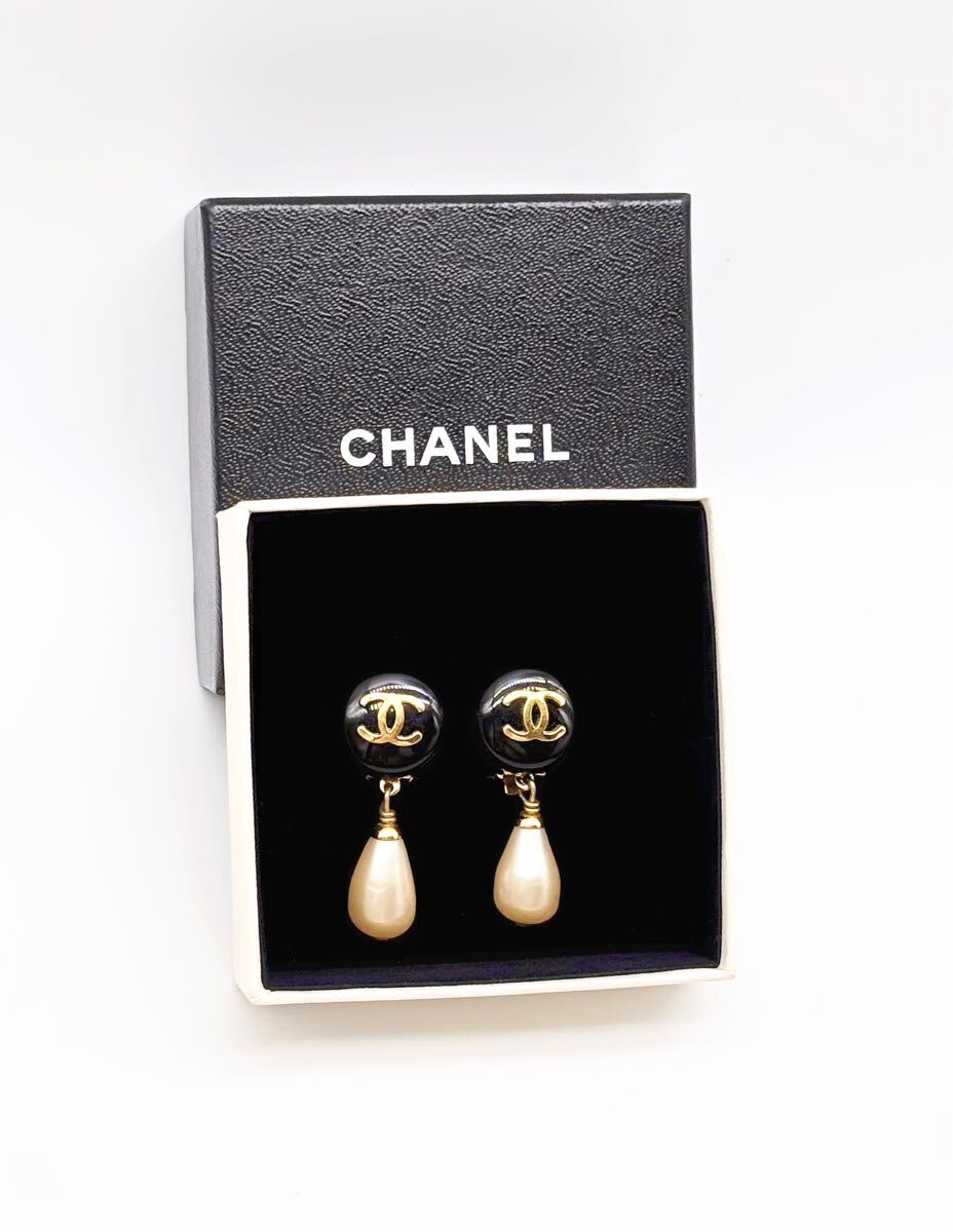1円〜 極貴重 CHANEL シャネル 95P ココマーク 雫パール ビジュー スイング イヤリング ゴールド ブラック 箱付き 正規刻印 高級宝飾 小物_1