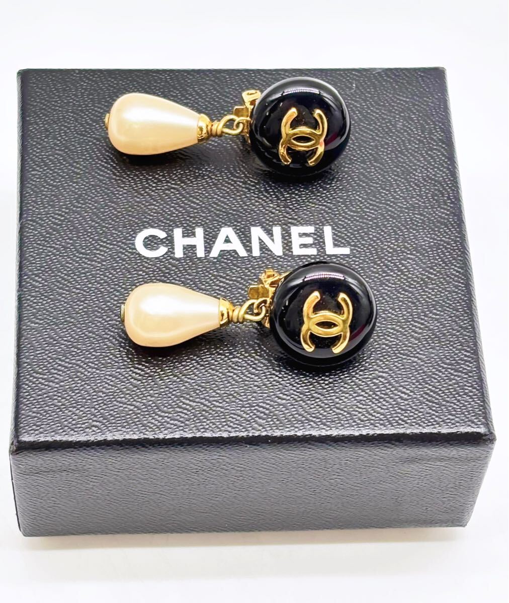 1円〜 極貴重 CHANEL シャネル 95P ココマーク 雫パール ビジュー スイング イヤリング ゴールド ブラック 箱付き 正規刻印 高級宝飾 小物_4