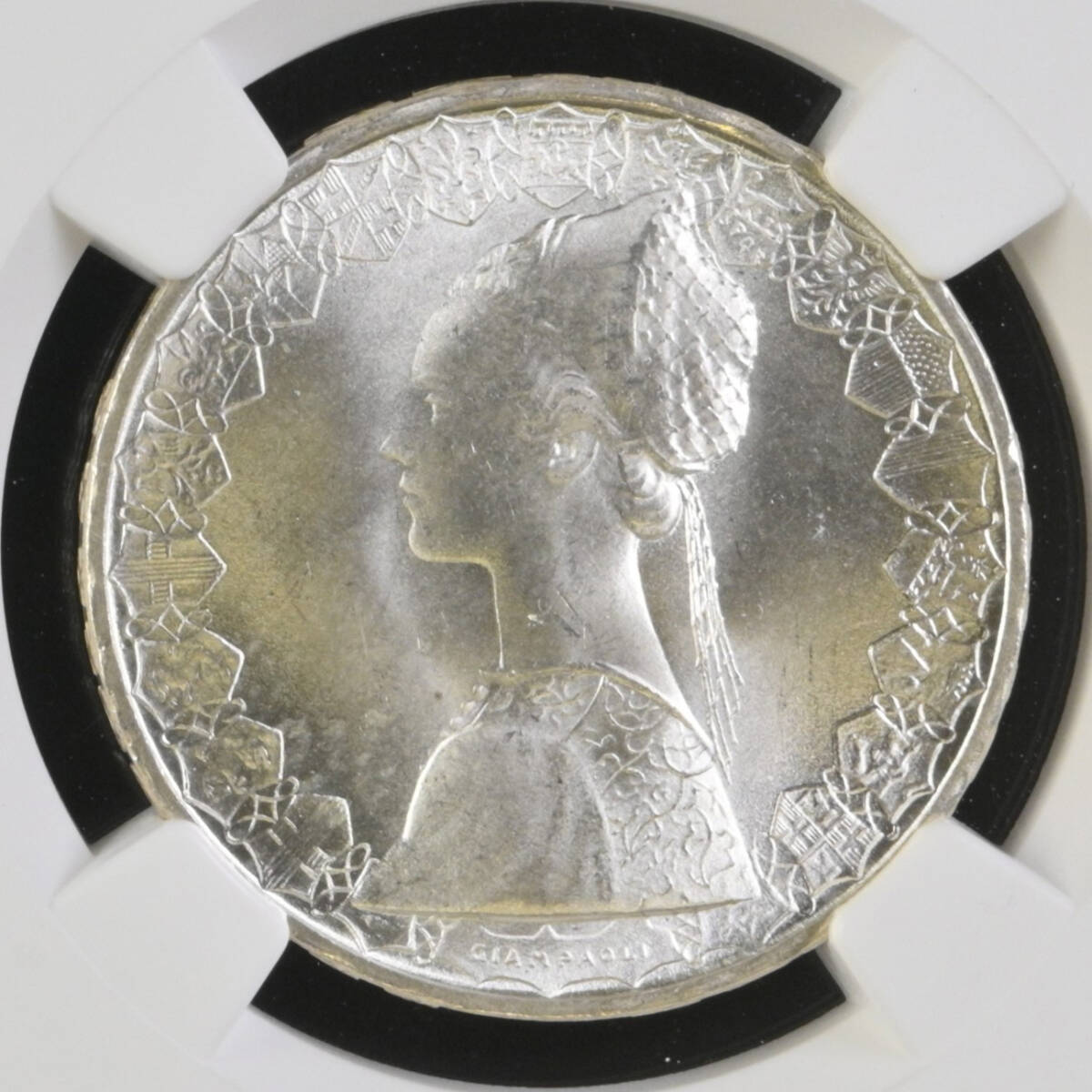 MS65 1966年 イタリア コロンブス 500リレ 銀貨 UNC ローマミント 500