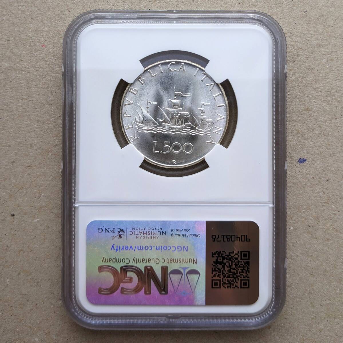 MS65 1966年 イタリア コロンブス 500リレ 銀貨 UNC ローマミント 500