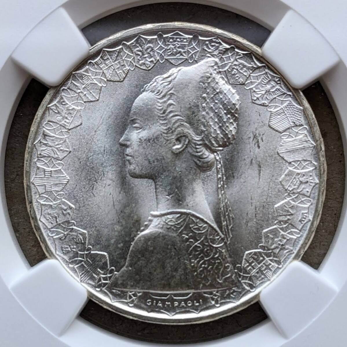 MS65 1966年 イタリア コロンブス 500リレ 銀貨 UNC ローマミント 500