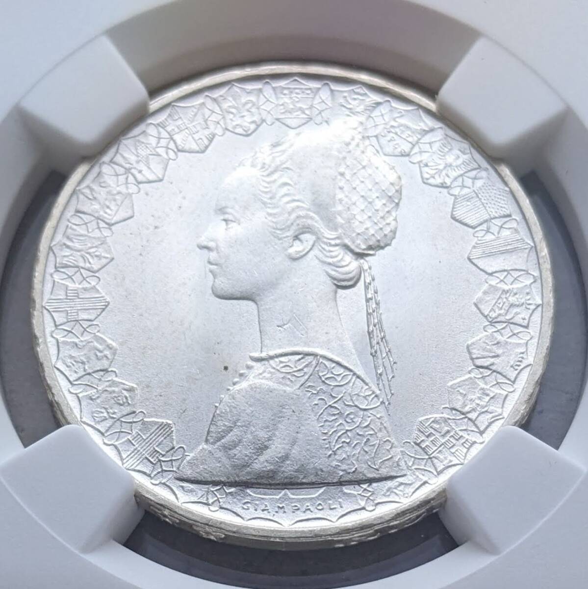 MS65 1966年 イタリア コロンブス 500リレ 銀貨 UNC ローマミント 500