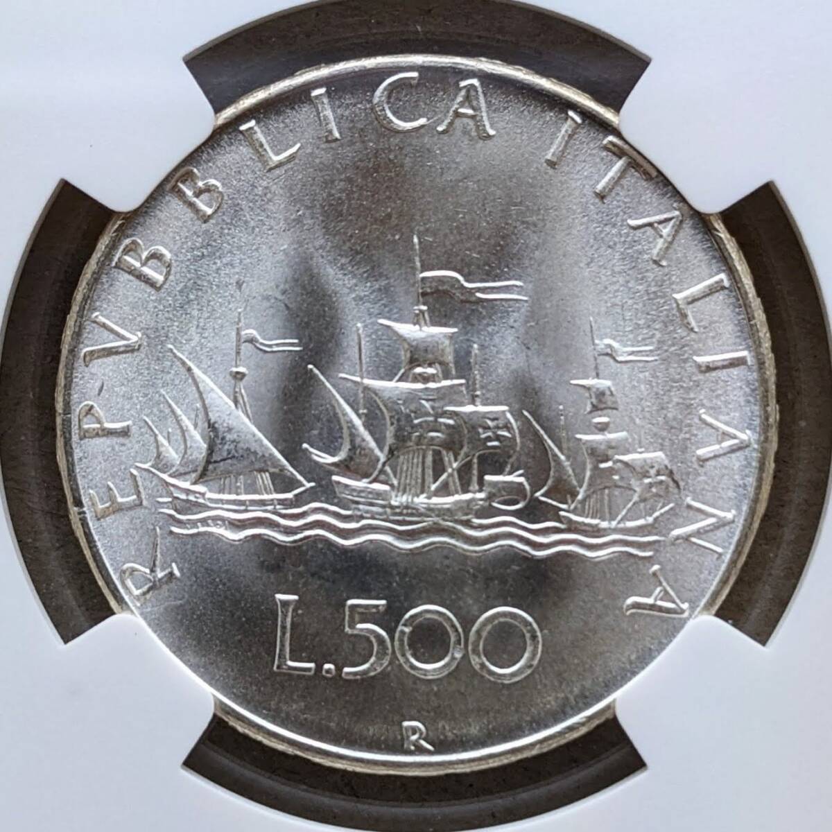 MS65 1966年 イタリア コロンブス 500リレ 銀貨 UNC ローマミント 500