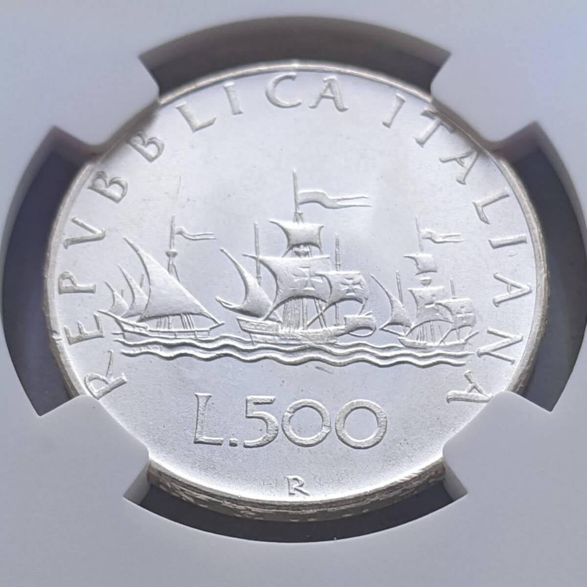 PCGS鑑定済MS65イタリア 1966年 500リラ 銀貨 コロンブス帆船
