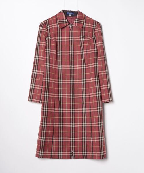 BURBERRY BLUE LABEL」 チェック柄ステンカラーコート 38 レッド