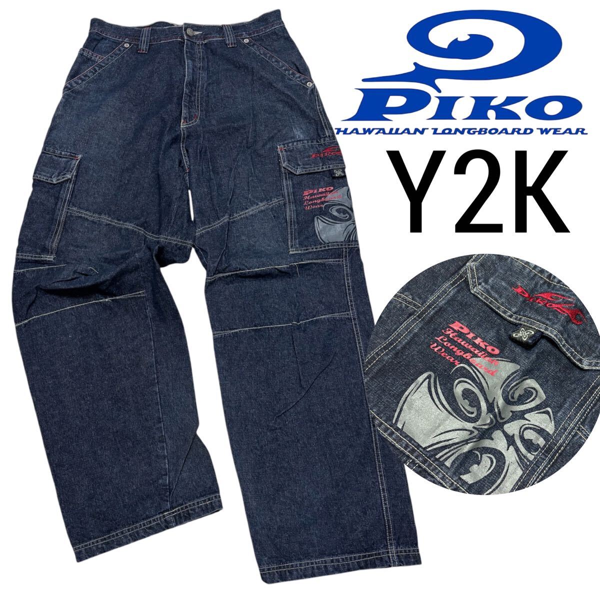 00s Y2K□PIKOピコ□デニム カーゴ バギー ワイド パンツ テック L 濃 