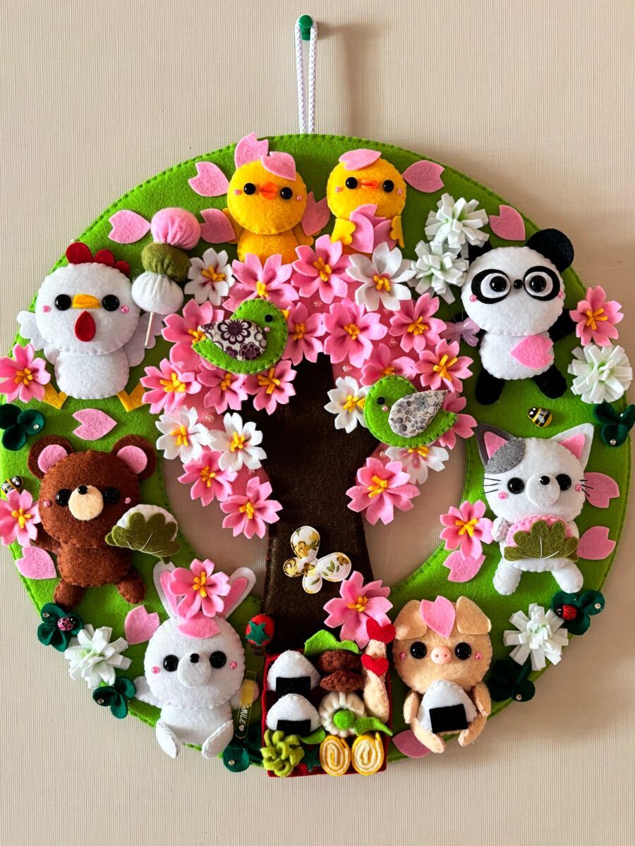 ハンドメイド☆フェルト☆リース（大）☆春☆桜☆花見☆ウグイス☆三つ葉☆手作り☆