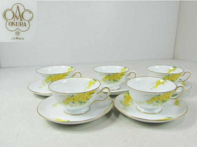 ■■大倉陶園 OKURA オークラ ミモザ カップ＆ソーサー 5客 花ことばシリーズ 金彩花柄/洋食器■■ 大倉陶園 カップ＆ソーサー OKURA 金彩花柄&frasl;洋食器■■ 花ことばシリーズ モーニング