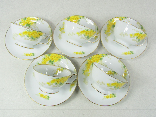 ■■大倉陶園 OKURA オークラ ミモザ カップ＆ソーサー 5客 花ことばシリーズ 金彩花柄/洋食器■■ 大倉陶園 カップ＆ソーサー OKURA 金彩花柄&frasl;洋食器■■ 花ことばシリーズ モーニング