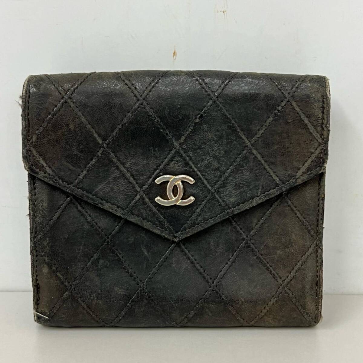 CHANEL シャネル ココマーク ラムスキン 二つ折り財布 ブラック系 1円