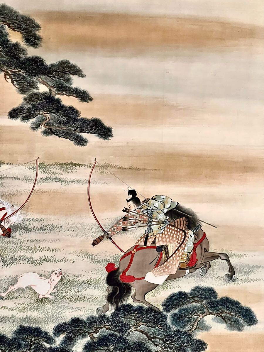 真作】【仙】山田秋桂「犬追物之図」絹本 肉筆 合箱 超大幅 金泥 武者