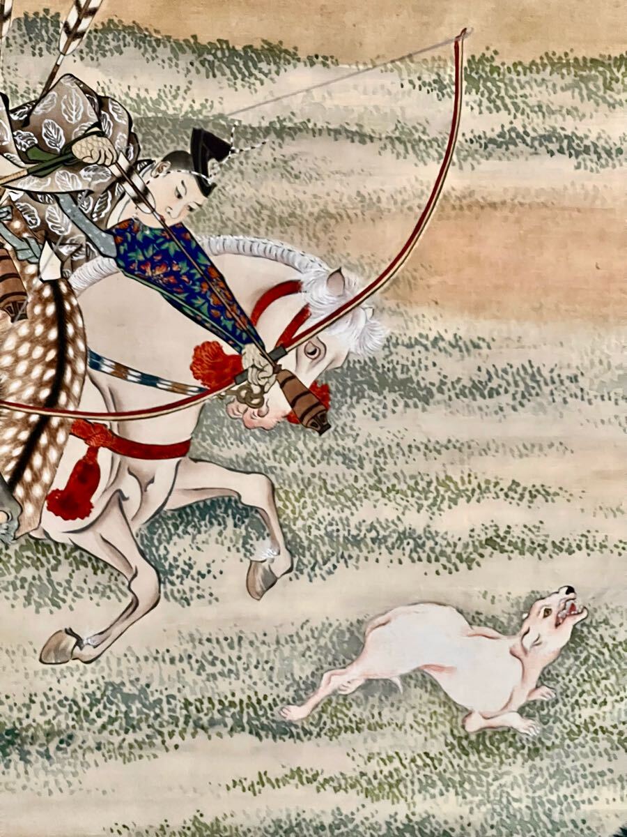 真作】【仙】山田秋桂「犬追物之図」絹本 肉筆 合箱 超大幅 金泥 武者
