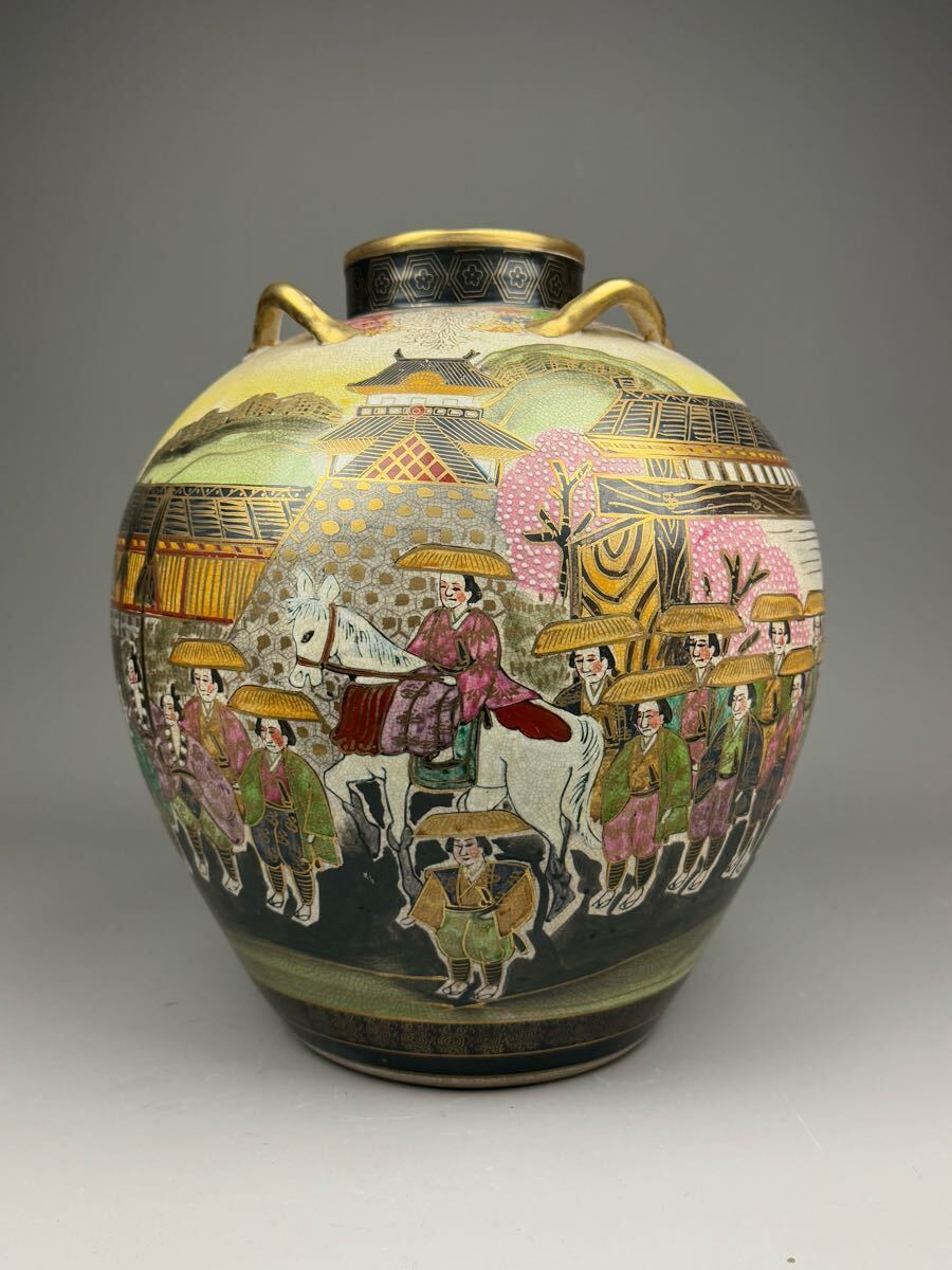 最上手 九谷焼 湖東 金襴手 色絵金彩細密絵付 東海道五十三次図 四耳大
