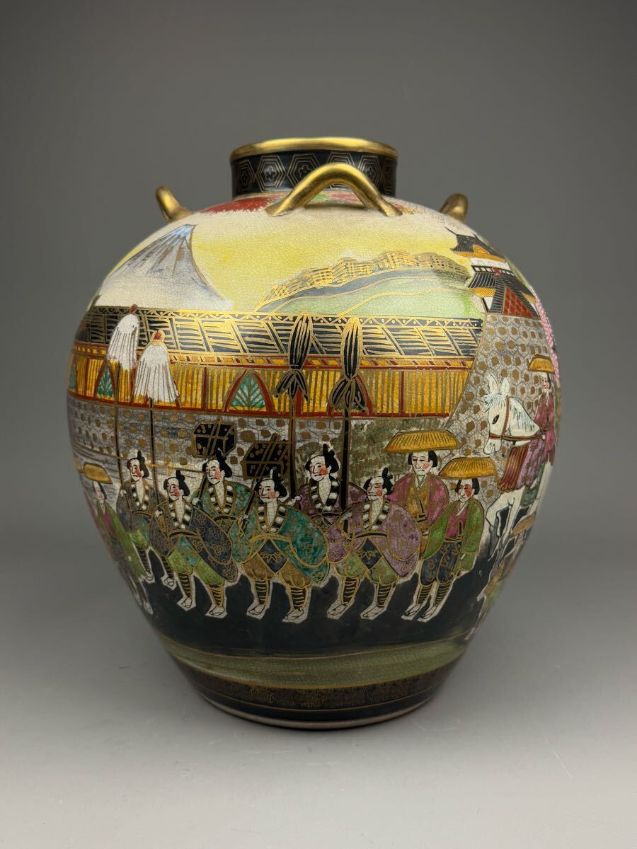 最上手 九谷焼 湖東 金襴手 色絵金彩細密絵付 東海道五十三次図 四耳大