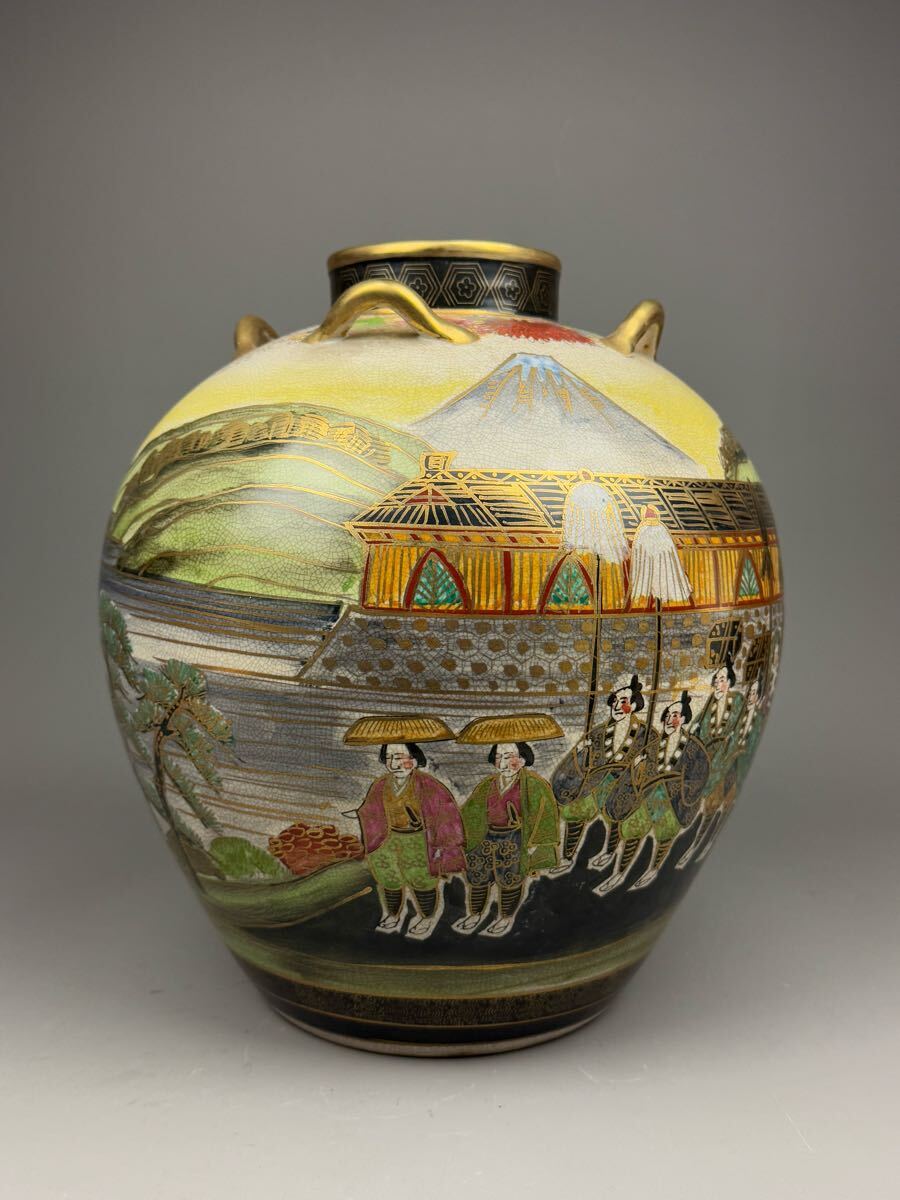 最上手 九谷焼 湖東 金襴手 色絵金彩細密絵付 東海道五十三次図 四耳大