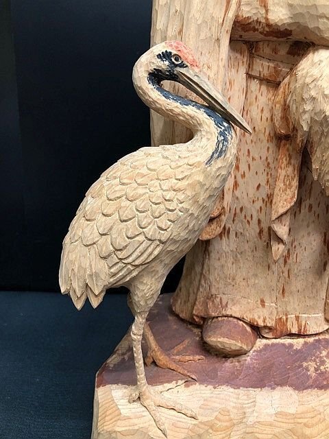 1153  木彫　鶴老人　置物 G2617M 福禄寿/寿老人 鶴 亀 董斎刀(中村七十郎作 七十五翁 明治-昭和