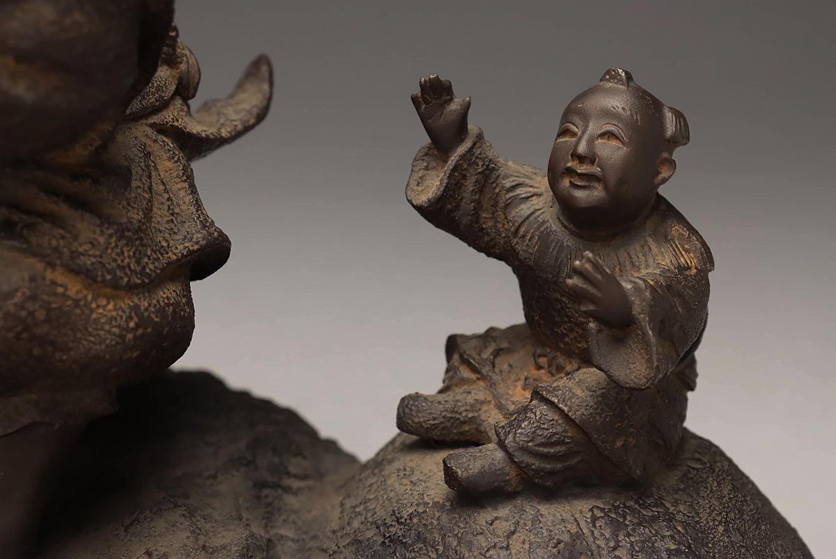 EM720 時代金工【鳳洲作】鋳銅 大黒/恵比寿/布袋 三福神像/置物 幅50.5