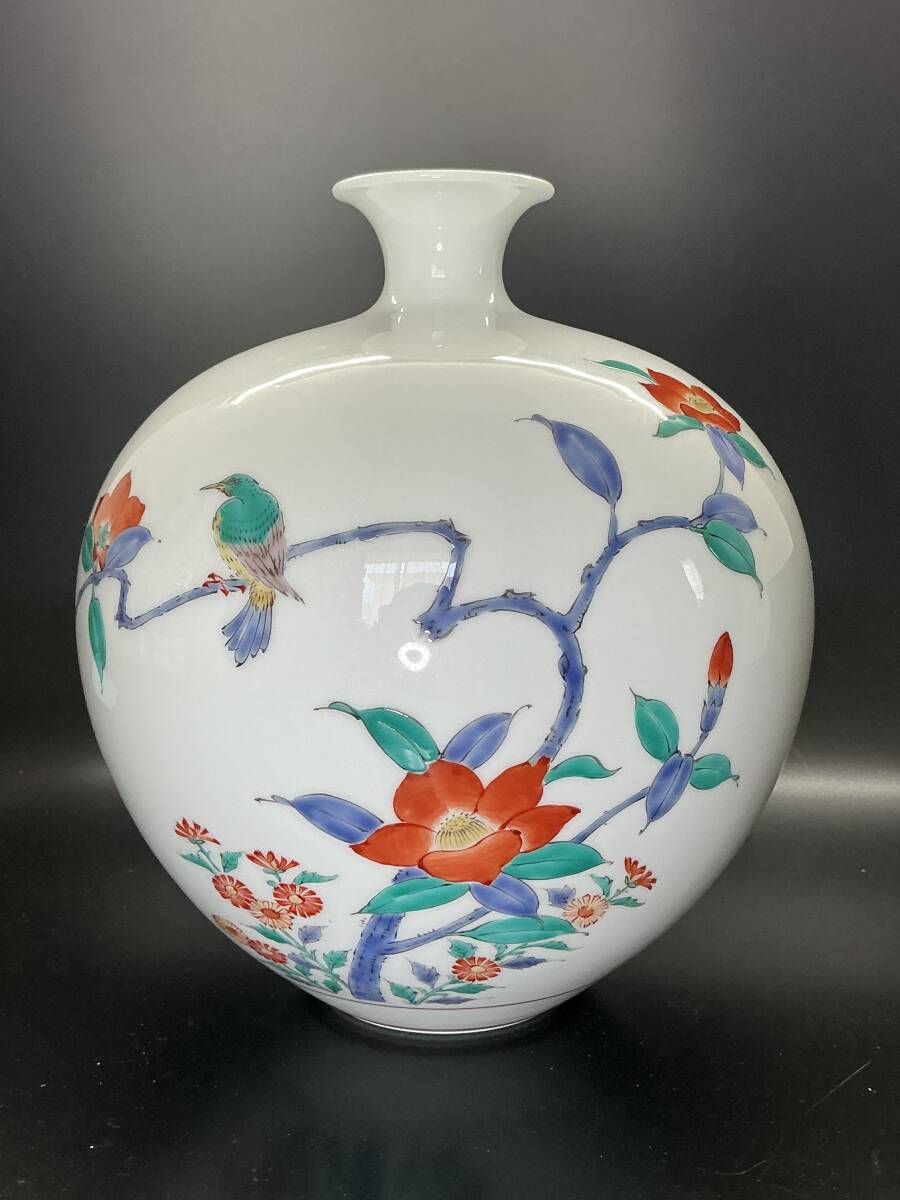 奥川俊右衛門 作 錦 柿右衛門手 花鳥 椿鳥文 花器 花瓶 花入 壺 共箱