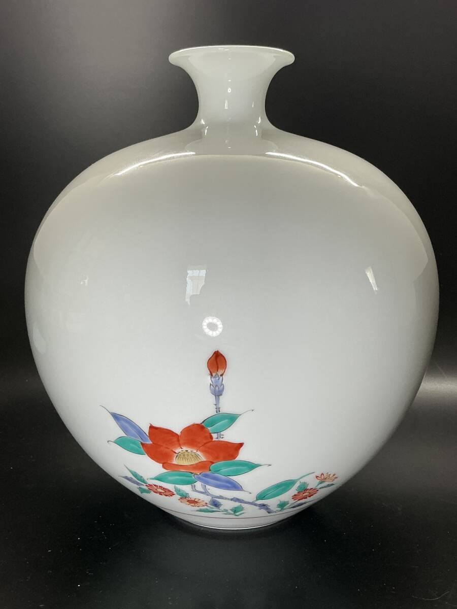 奥川俊右衛門 作 錦 柿右衛門手 花鳥 椿鳥文 花器 花瓶 花入 壺 共箱