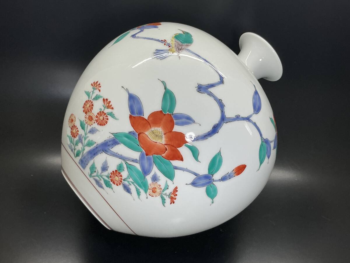奥川俊右衛門 作 錦 柿右衛門手 花鳥 椿鳥文 花器 花瓶 花入 壺 共箱