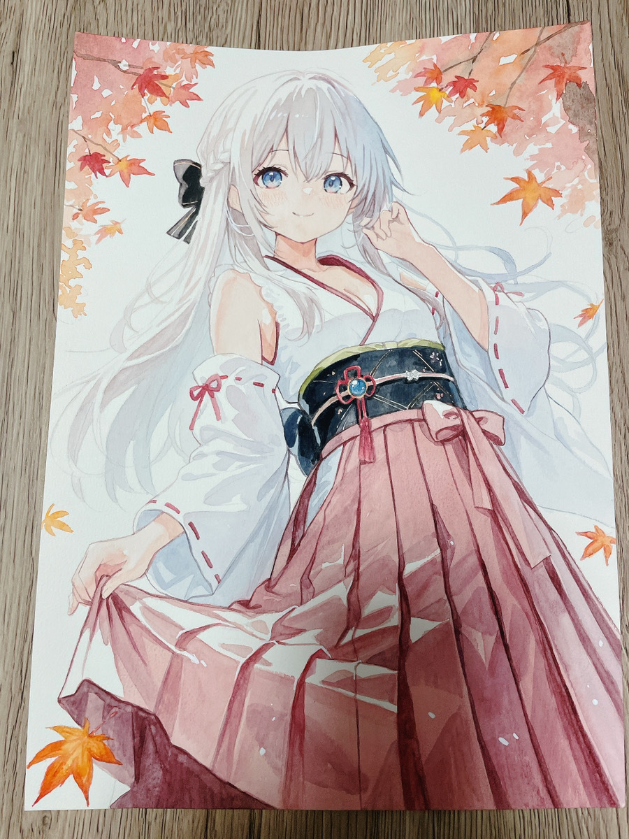 3477 【原画】手描き 水彩 イラスト レトロな女の子 A4原画】「駆け抜ける巫女」水彩画 原画 女の子 イラスト 手描き
