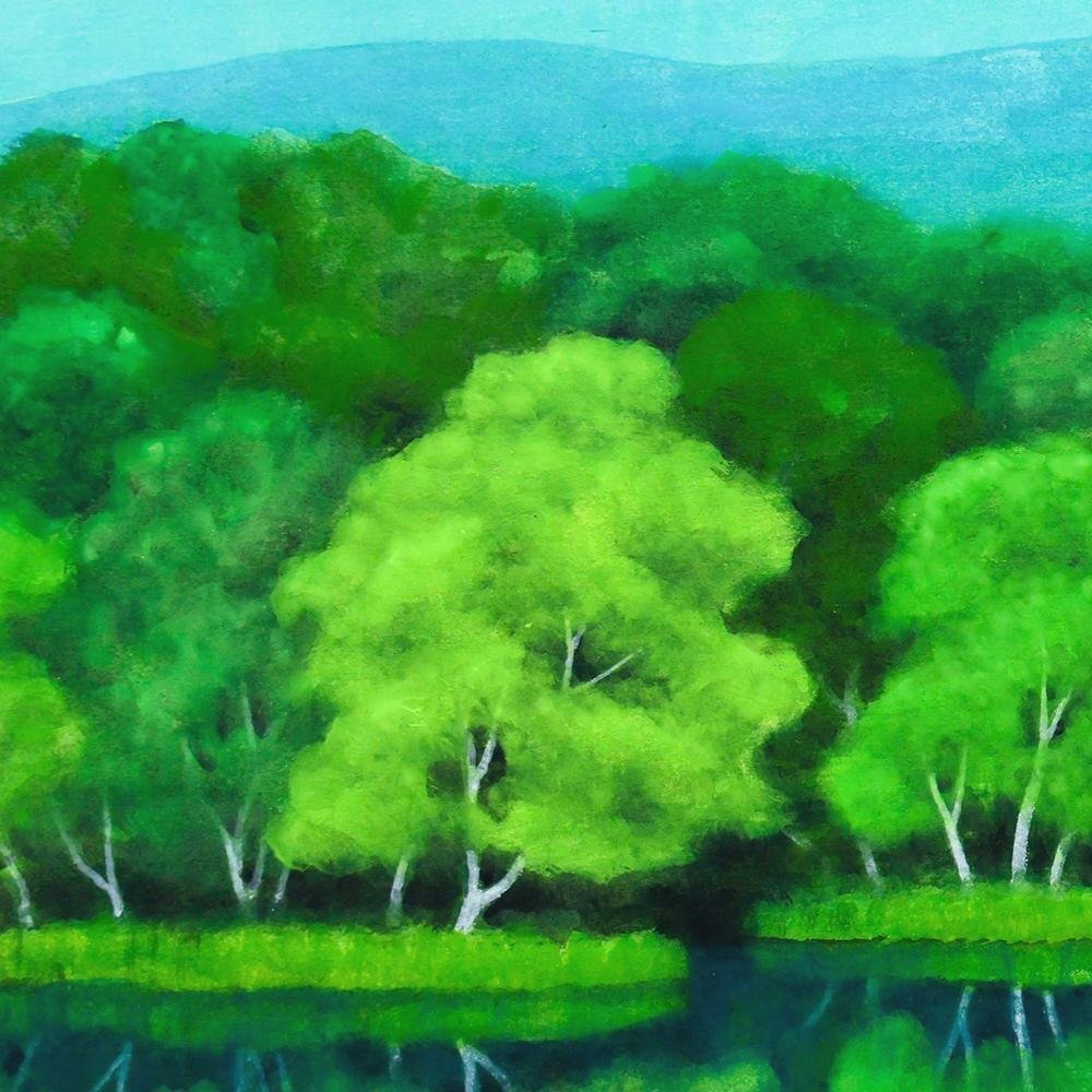 真作】【WISH】箱崎正秋「山湖」日本画 10号 金落款 共シール ◇湖面に