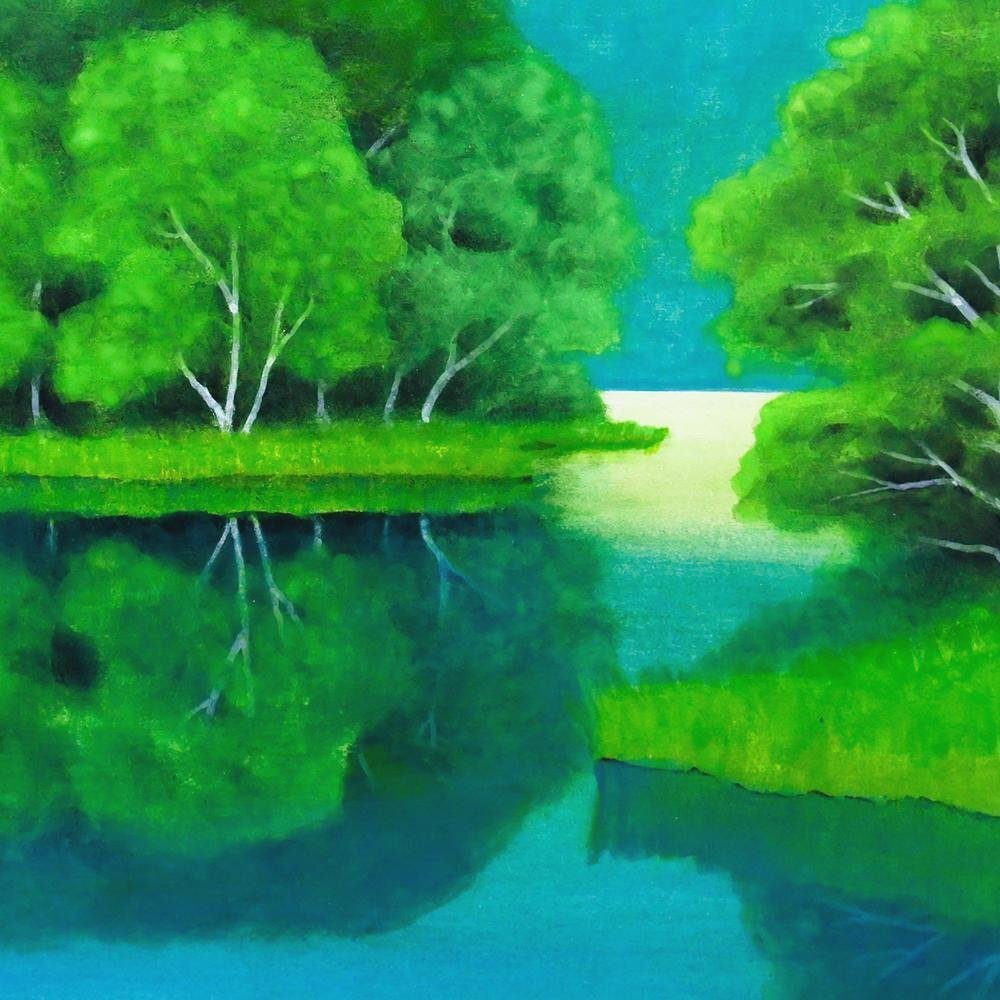 iΦ【真作】箱崎正秋 山湖 共シール 絵画 日本画 10号 肉筆 美術品 真作】【WISH】箱崎正秋「山湖」日本画 10号 金落款 共シール ◇湖面に