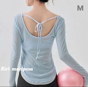 オトナ可愛いUネック長袖トップス ブルーMサイズ ヨガウェア バレエトップス Tシャツ