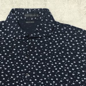 HILTON ヒルトン 半袖ポロシャツ 花柄総柄 ネイビー ストレッチ 日本製 メンズMサイズ