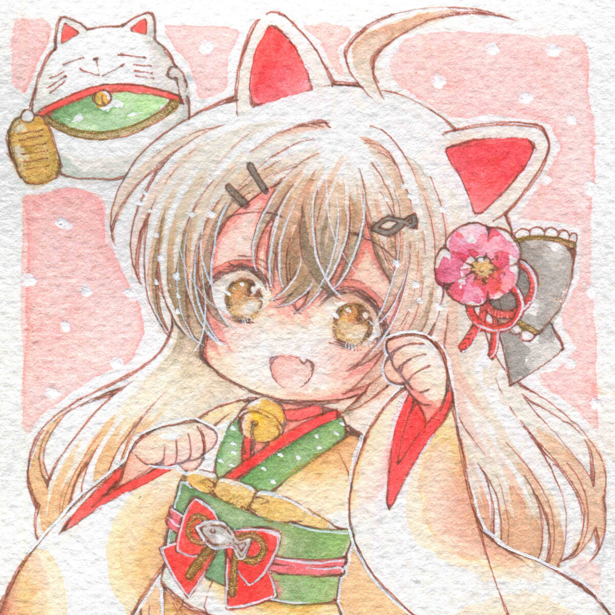 水彩アナログ原画 招き猫の和服少女 招き猫 着物 ケモ耳 ちびっ娘 和風