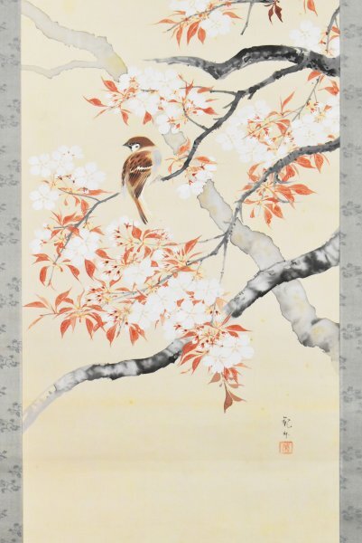 K7452 真作 徳永観林「桜花雀図」絹本 共箱 肉筆 鈴木華邨師事 スズメ