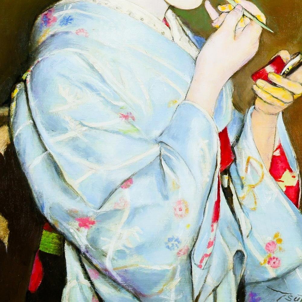 真作】【WISH】弦田英太郎「口紅をさす舞妓」油彩 6号 ◇紅を添える