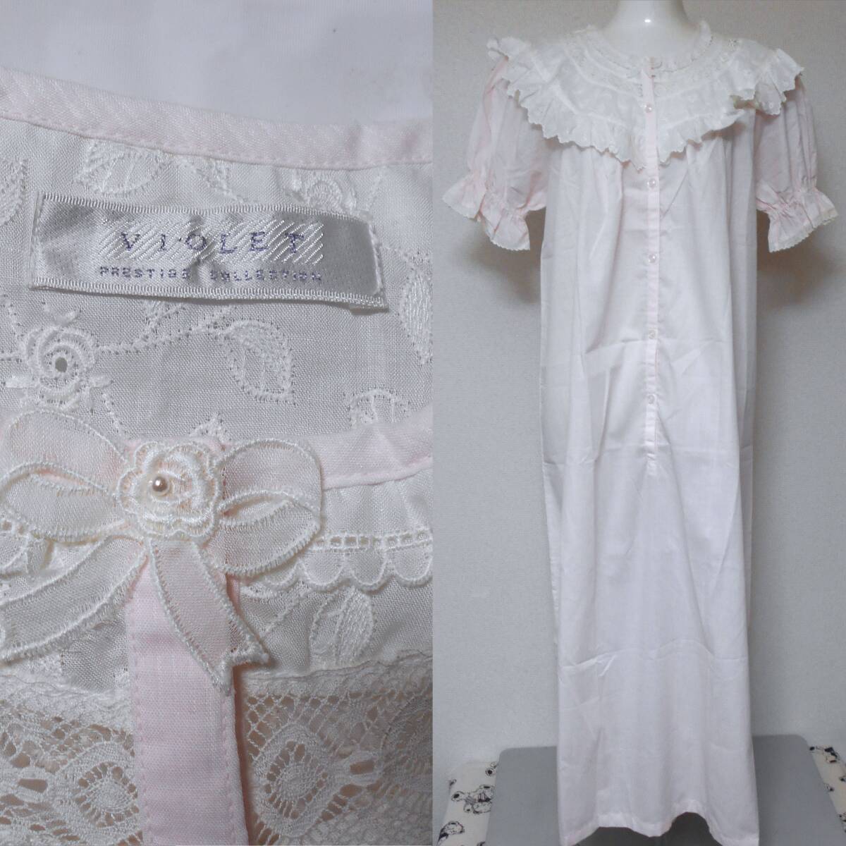 Ameri VINTAGE - ameri 刺繍ガウン USA VINTAGEアメリカ古着花柄刺繍コットンナイティドレスガウン