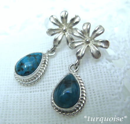 *Ss◆ターコイズ雫◆ティアレ花シルバー925ピアス◆トルコ石_1