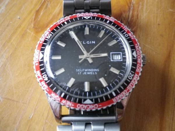 エルジンワールドタイム17石自動巻き黒文字板デッド品_1