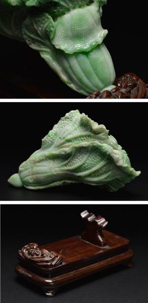 天然翡翠彫白菜置物/台座付】 中国美術宝石彫刻(東洋彫刻)｜売買された