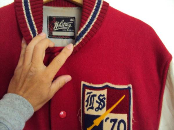 70年　ワッペン付　Ｗｈｉｔｉｎｇ　袖皮　スタジャン　赤　Ｌ