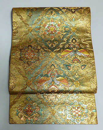 今昔◆《袋帯26》金に青銅色　向鳥に華文様　モダン柄◆