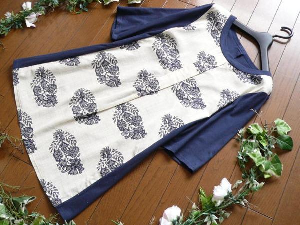 【新品】7481【L】綿100％ 麻調素材×カット地 切替チュニック紺
