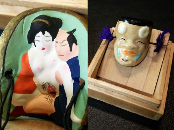 春画 翁 陶器 能面 男女 秘画 結合 共箱 / 枕絵 根付 浮世絵(日本人形